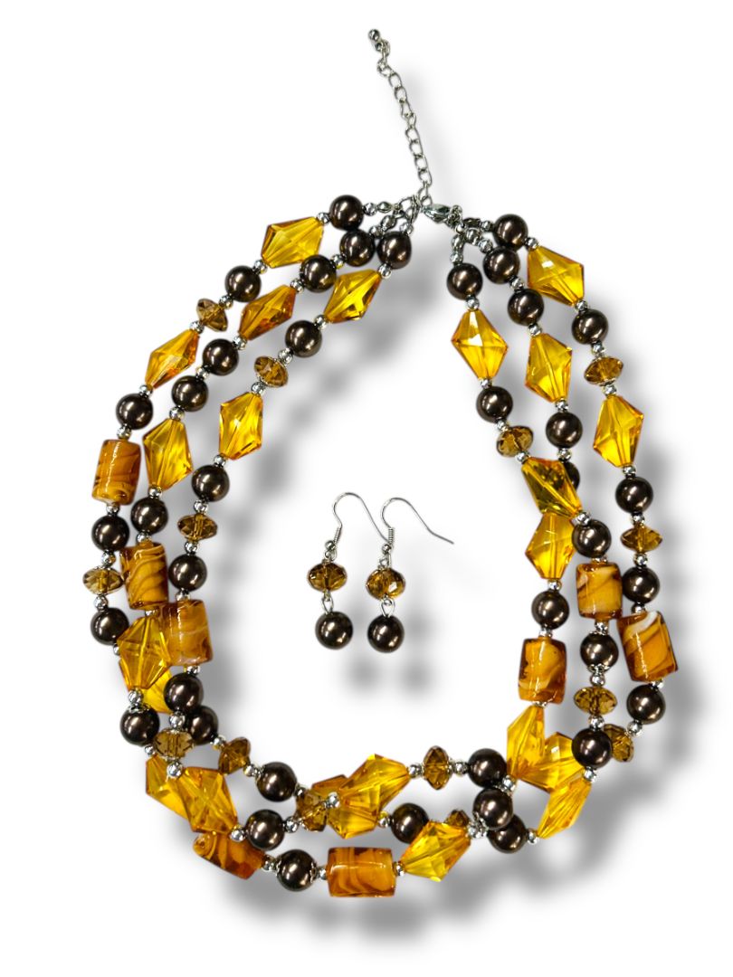 Amber Color Multistrand Acrylic Beaded Necklace Earring Set New