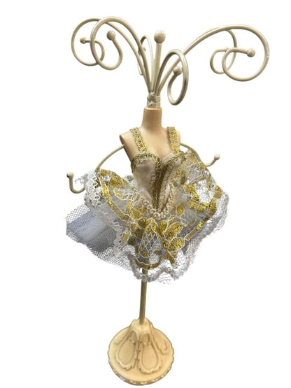 Ballet Ballerina Jewelry Stand Ivory Gold Tutu 9.5" Metal