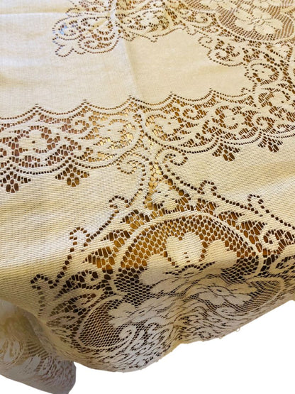 Vintage Ivory Machine Lace Tablecloth Linen 108" x 68"