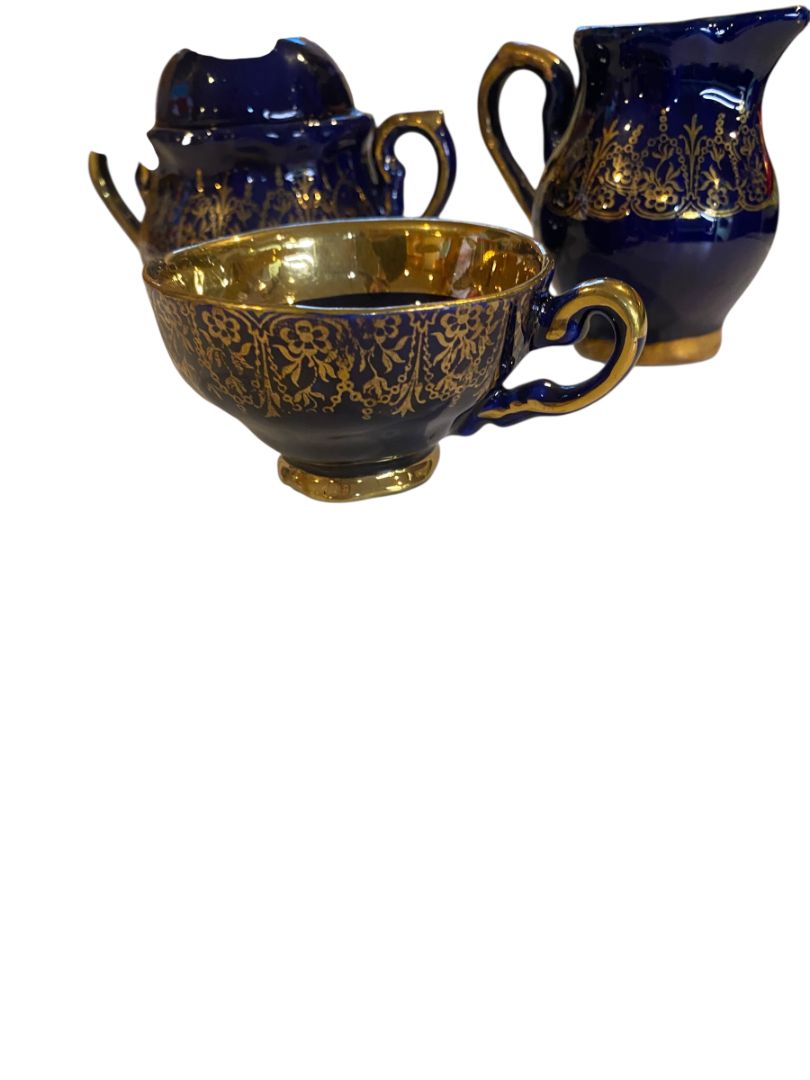 Vintage Cobalt Gold 3 Piece Tea Set Sugar Creamer Cup