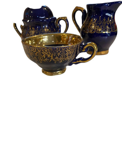 Vintage Cobalt Gold 3 Piece Tea Set Sugar Creamer Cup