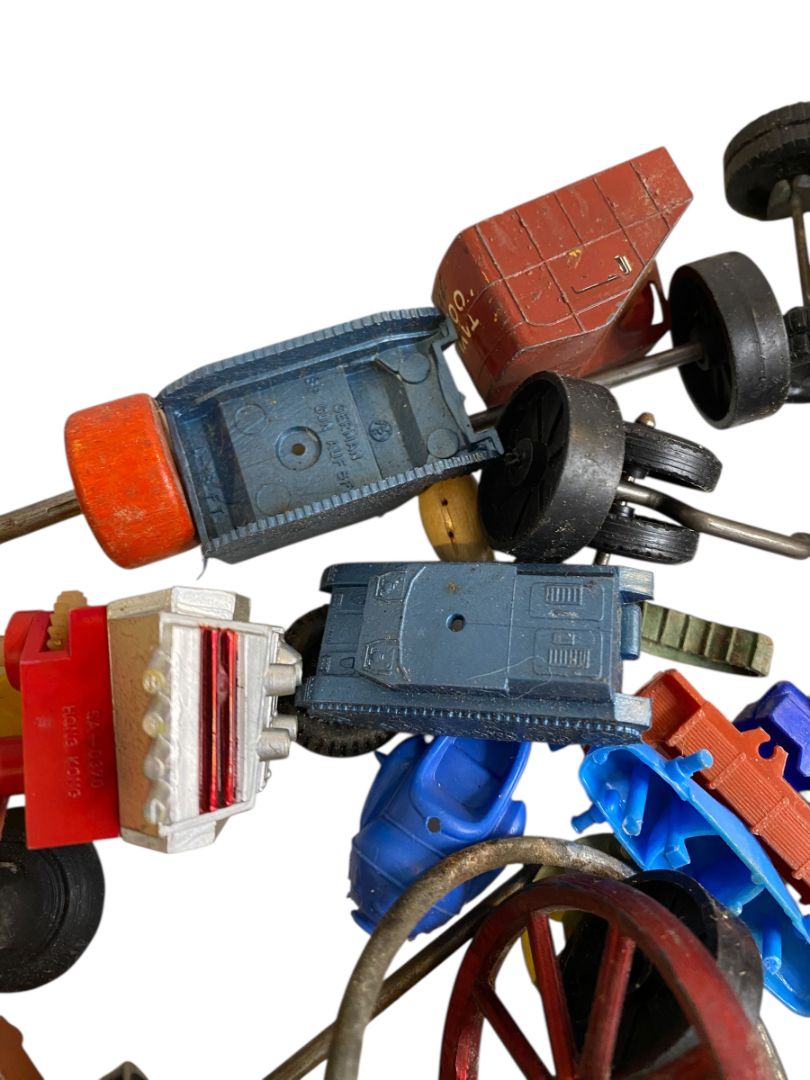 Vintage Toy Parts Pieces Scrap Junk Lot Wheels Hats Tires Plastic Tin