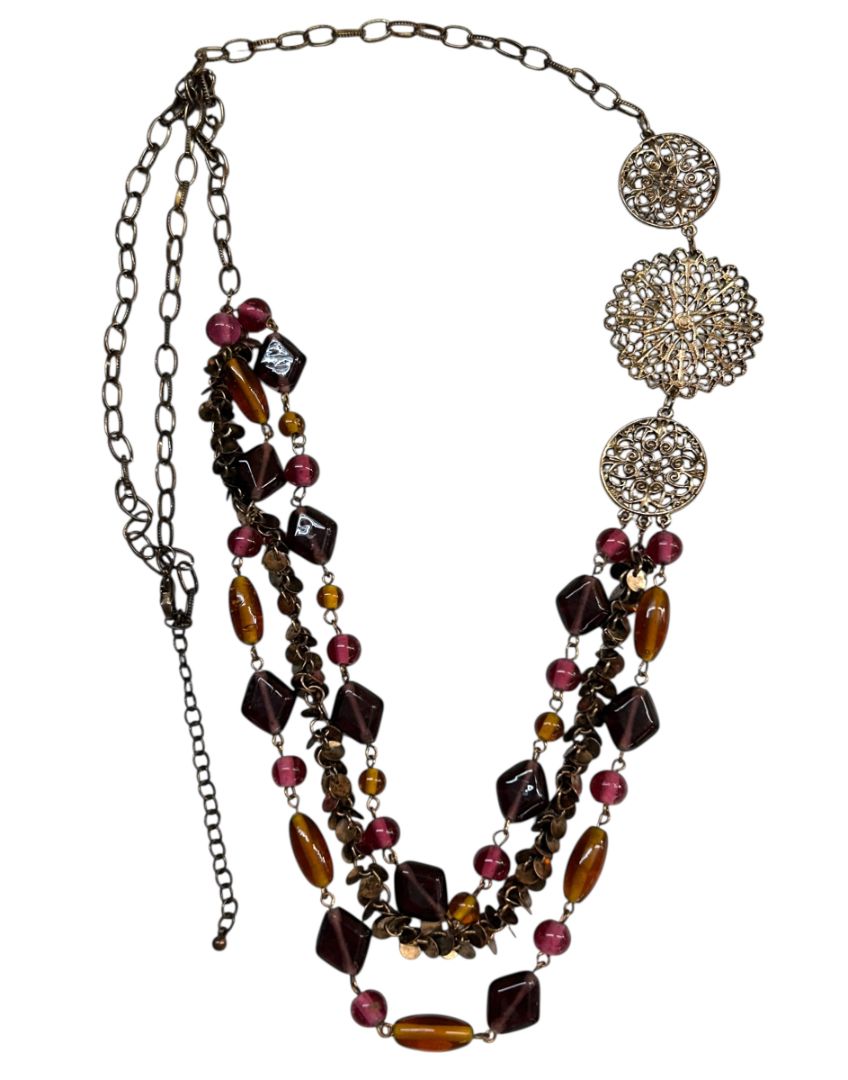 Copper Color Necklace 38" Copper Collar Medallions Orange Purple Beads