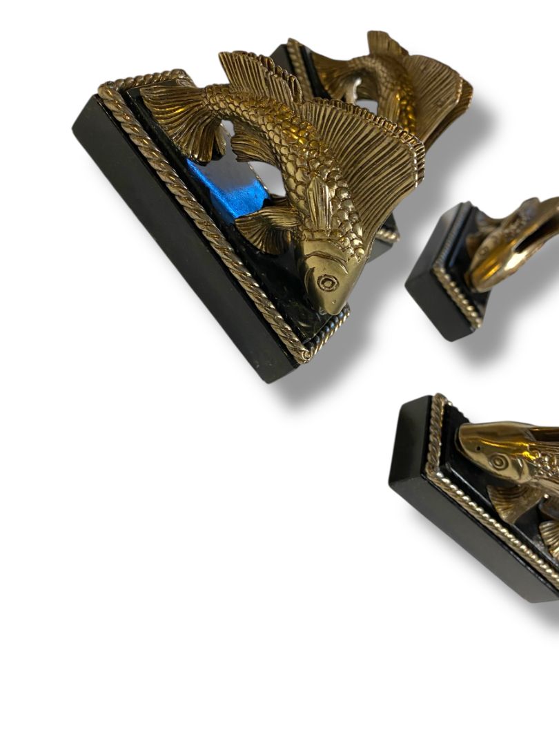 Set of 4 Maitland-Smith Handmade Placecard Name Holders Fish Marble Brass