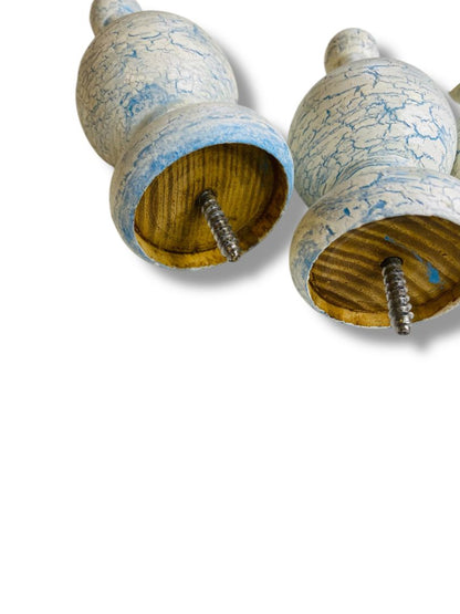 Vintage Wooden Set of 4 Finial Posts White Blue Crackle Paint 4.25" Screw In