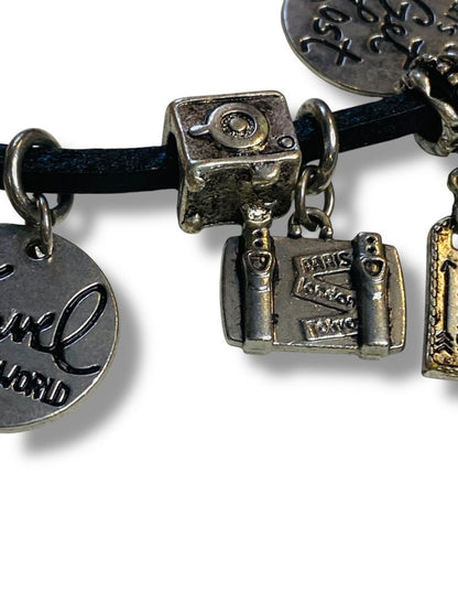 Travel Theme 10 Charm Bracelet 8" Black Leather Cord Silvertone