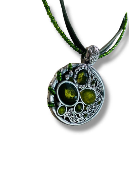 Green Silvertone Multistrand Pendant Necklace 16-19" Funky