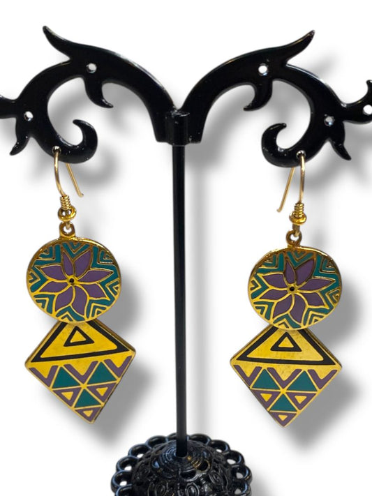 1993 Sarah Burch Gypsy Spirit Earrings Fishhook Pierced Cloisonné 2.75" Drop