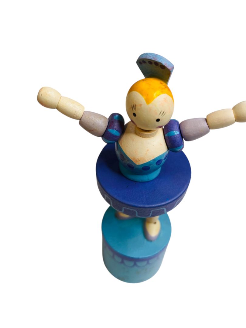 Wooden Push Puppet Collapsing Toy Ballerina Blue 4.75"