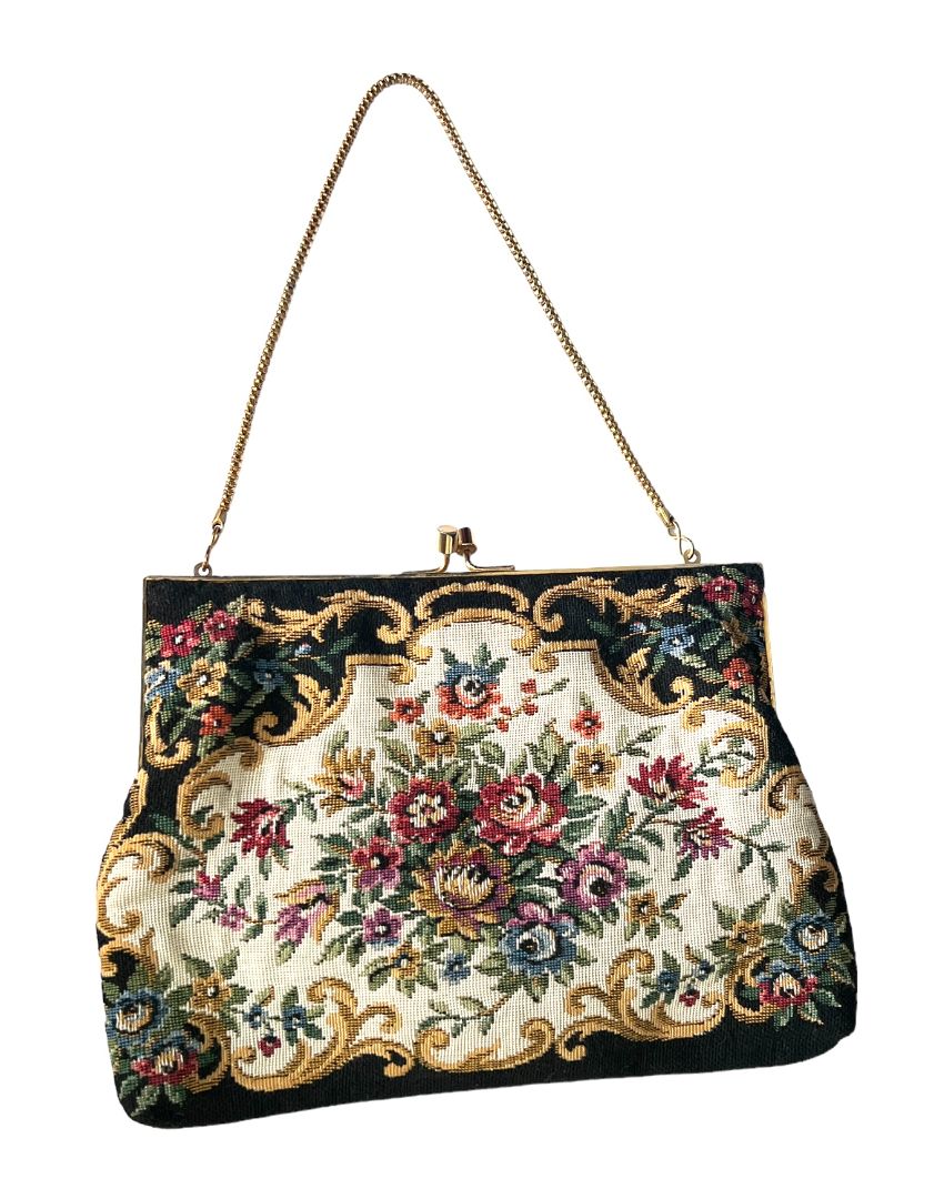 Walborg Floral Tapestry Embroidery Clutch With Chain KissLock Closure Vintage