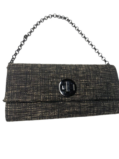 Tweed Brown Black Clutch Convertible Handbag Turnlock Pewter Color Hardware