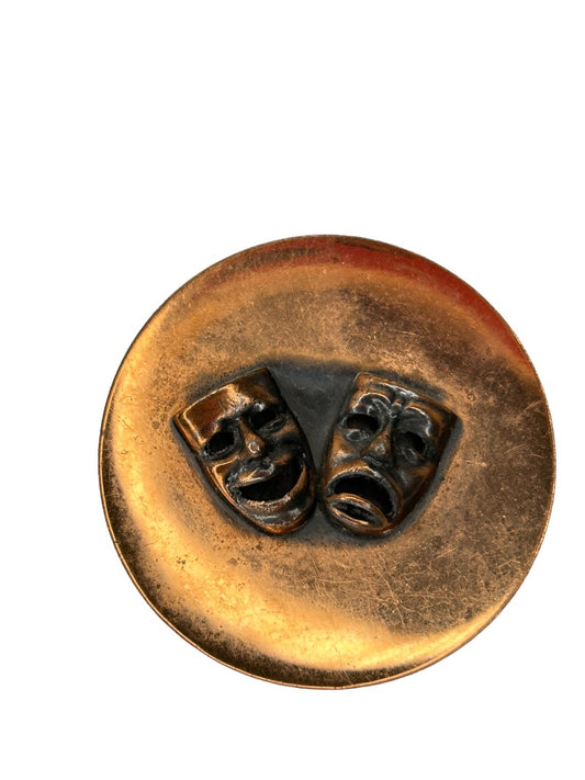 Vintage Copper Theater Drama Brooch Pin Happy Sad 1 7/8" Diameter