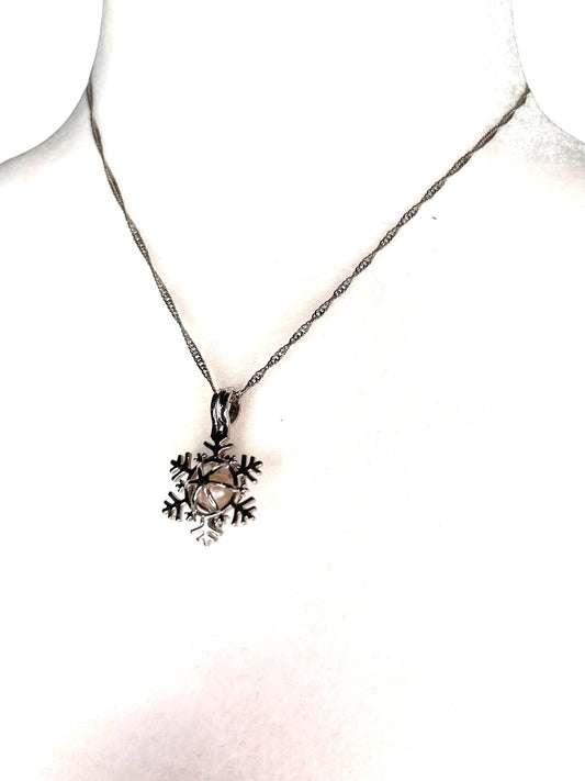 Silvertone Cage Pearl Snowflake Pendant Necklace 16" Chain