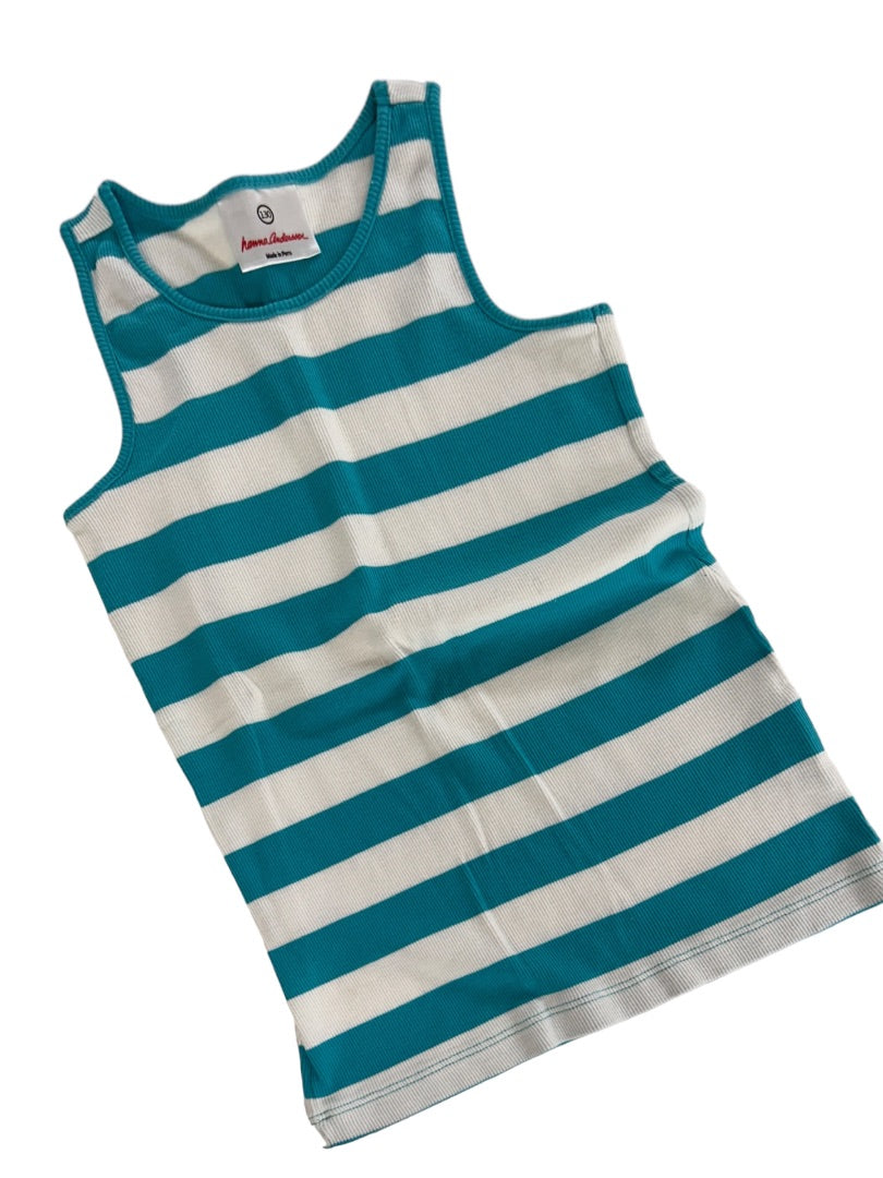 Size 8 Hanna Andersson Girls Striped Tank Top Teal White Pima Cotton