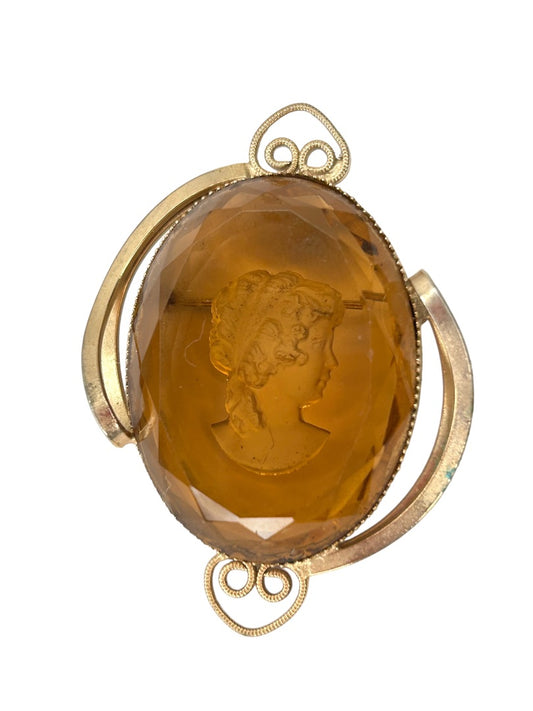 Amber Colored Intaglio Cameo Brooch Pin Goldtone Reverse 2 1/4"