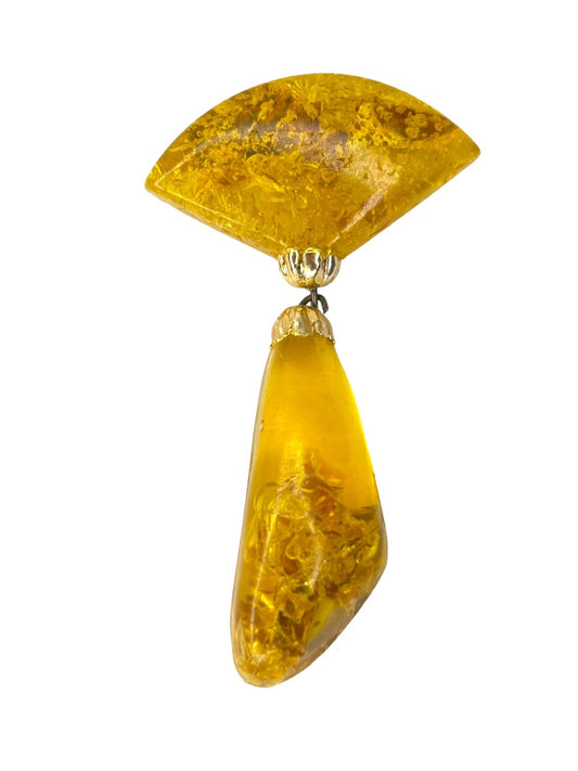 Vintage Yellow Faux Amber Resin Art Deco Style Brooch Pink 2.5" Drop