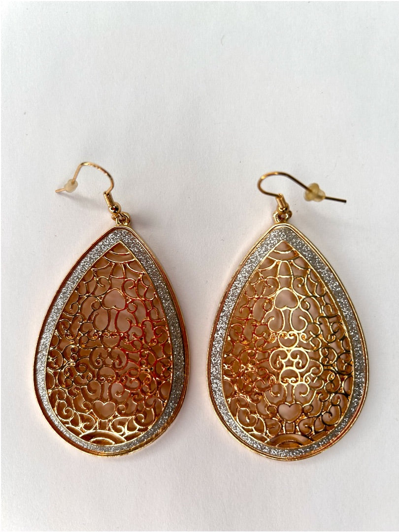 Goldtone Filigree Cutout Earrings Teardrop Shape Pierced Hook 2.25" Drop Dangle