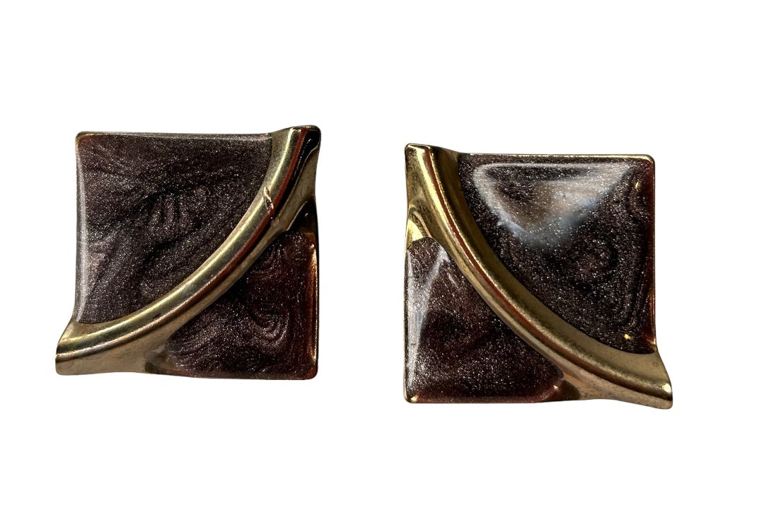 Vintage 1980s Goldtone Metallic Enamel Swirl Earrings Post Pierced 1" Square