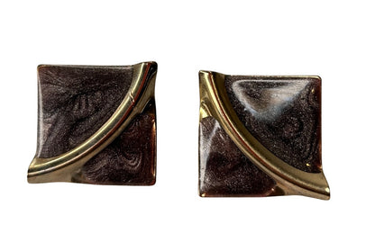 Vintage 1980s Goldtone Metallic Enamel Swirl Earrings Post Pierced 1" Square