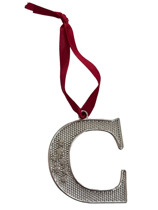 Harvey Lewis Silvertone "C" Initial Ornament 2" on Red Ribbon