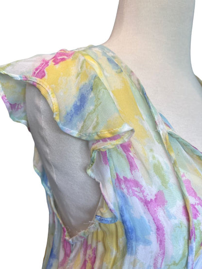 Size 8 Anthropologie Watercolor Print Spring Sleeveless Maxi Dress Lined Elastic Waist Tassle Ties