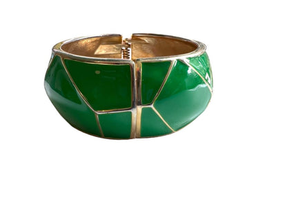 Goldtone Metal Hinged Bangle Bracelet Green Enamel Preppy