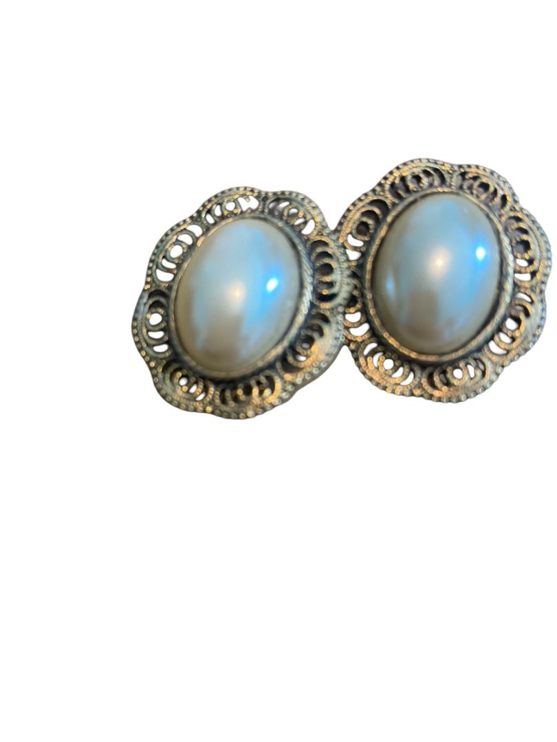 Oval Faux Pearl Ornate Goldtone Pierced Earrings