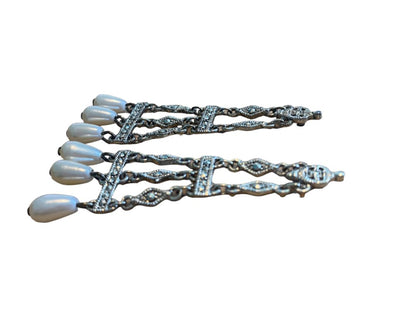 Chanedelier Teardrop Faux Pearl Silvertone Ornate Pierced Earrings