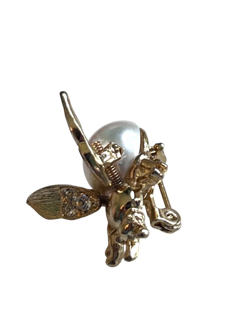 Faux Pearl Gold Tone Fly Insect Brooch Pin Spring Wings Rhinestone