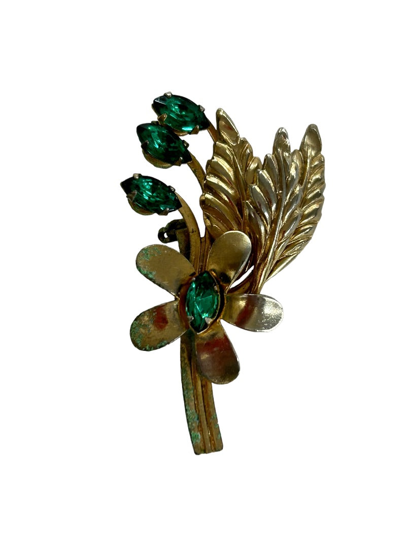 Goldtone and Green Vintage 1960s Brooch Pin Flower Leaf 1.9"