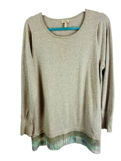 Large LOGO by Lori Goldstein Lightweight Gray Sweater Cashmere Blend Flounce Hem Lace Detail