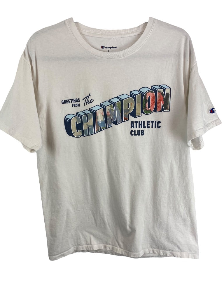 Large Champion Men's White Tshirt Short Sleeve "Greetings from the Champion Athletic Club"