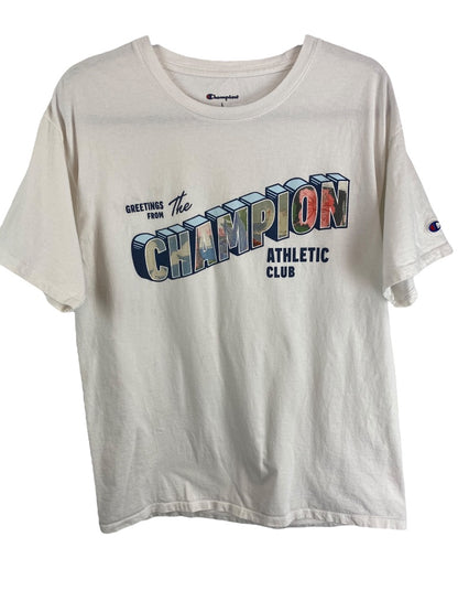 Large Champion Men's White Tshirt Short Sleeve "Greetings from the Champion Athletic Club"