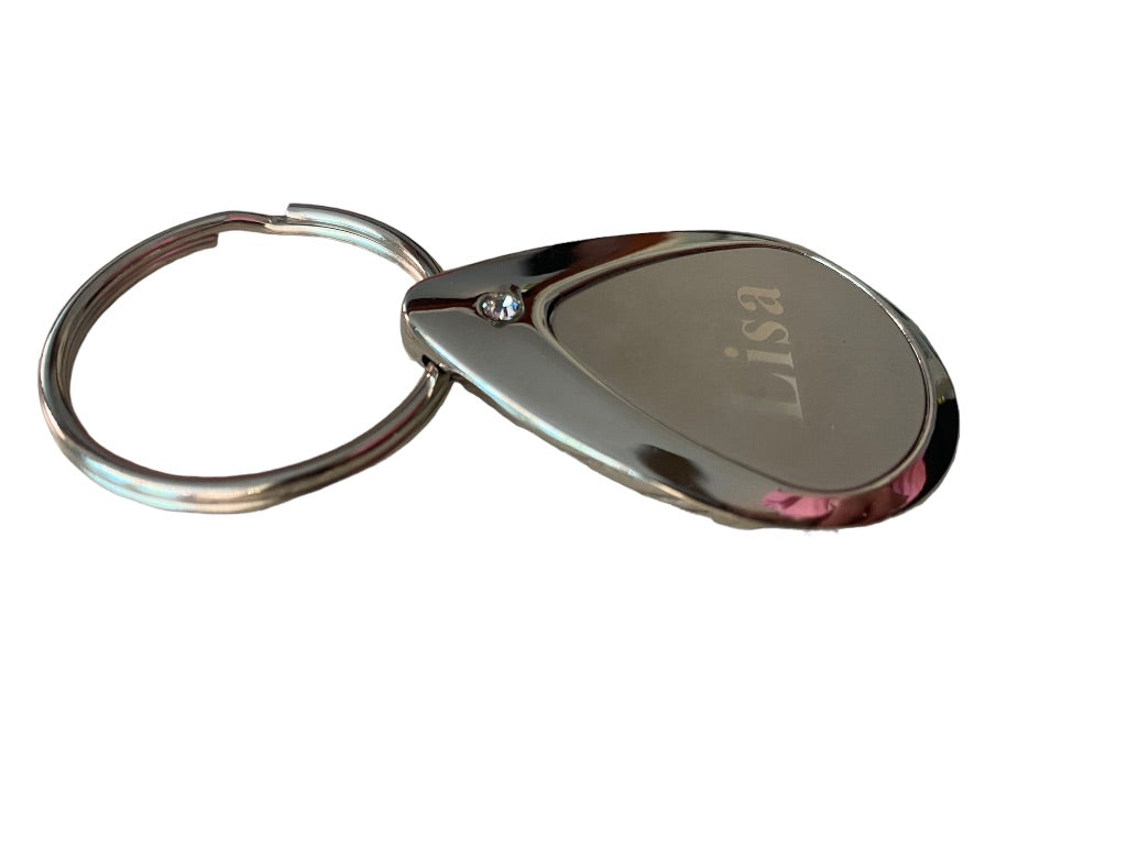 Silvertone Personalized Keychain Key Ring "Lisa" Droplet Shape 3"