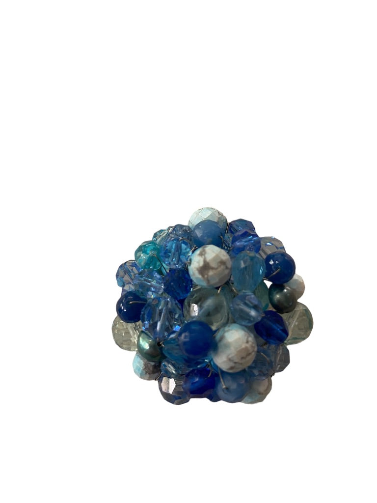 Mixed Blue Tones Beaded Cluster Brooch Statement 2.5" Diameter Pin