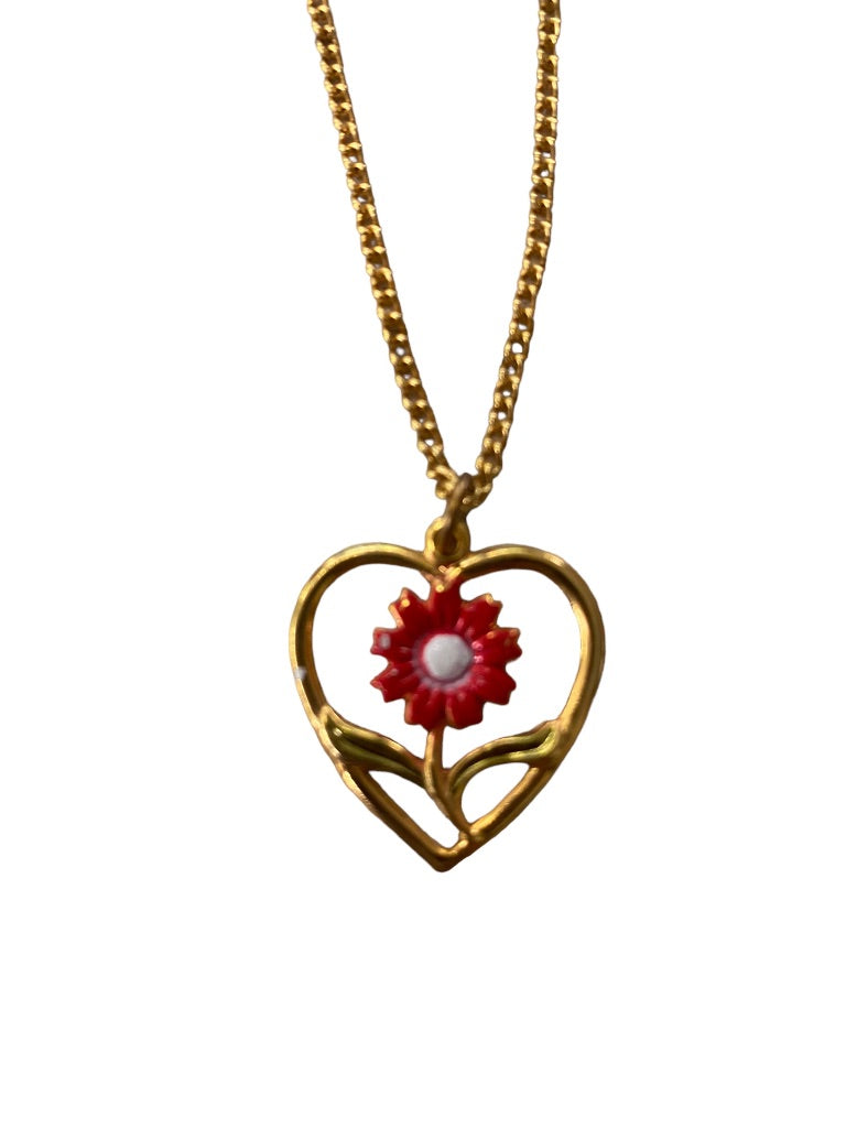 Goldtone Necklace Floral 1" Heart Pendant on 19" Chain Red White