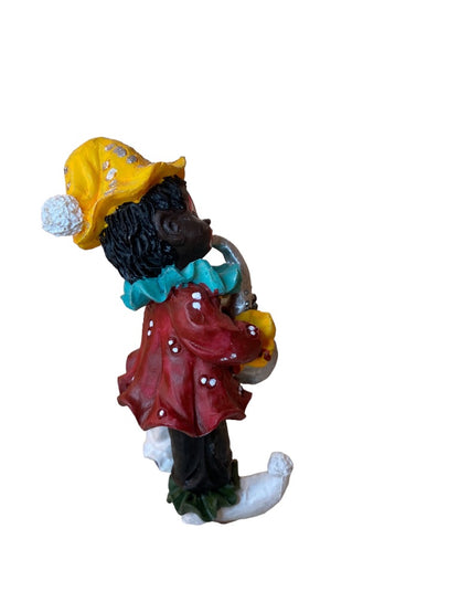 Resin Clown Figurine Brown Skin Playing Horn Musician 3.5"