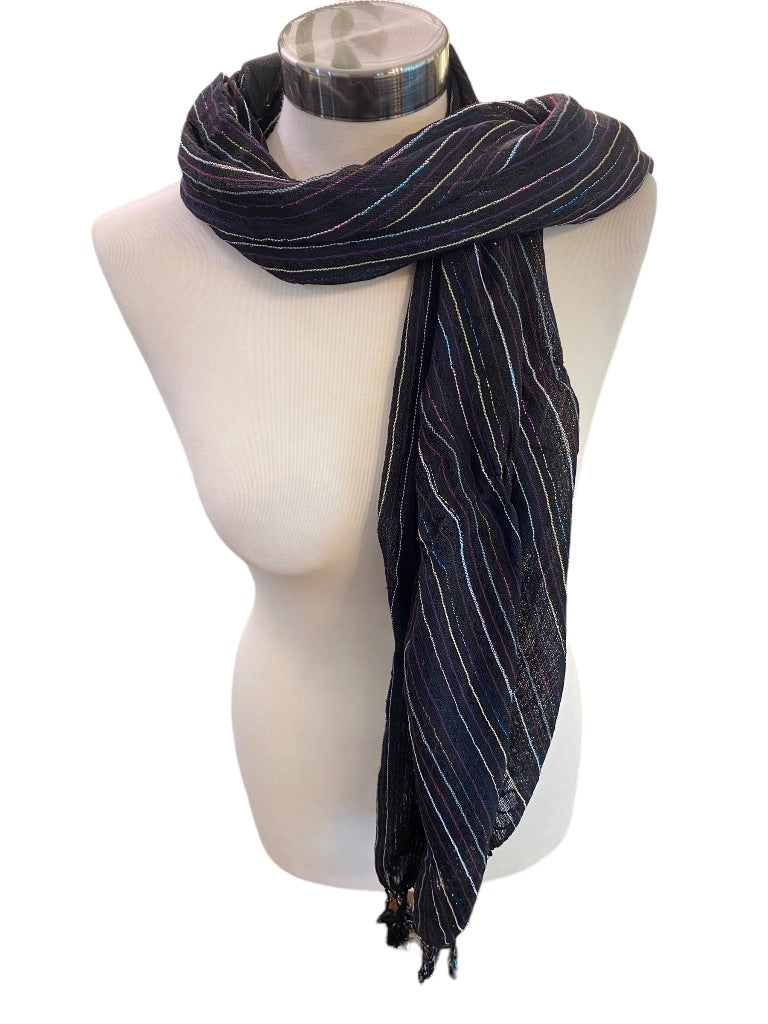 Black Lightweight Metallic Summer Scarf Fringed 58" x 24"