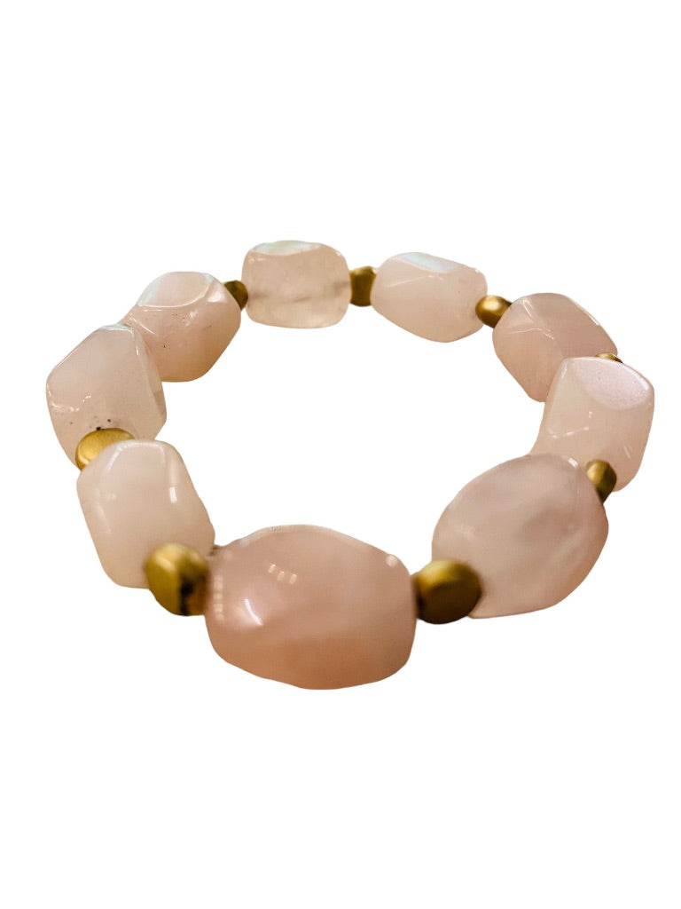 Beaded Stone and Goldtone Spacer Stretch Bracelet Blush Pink 2.5" Inside Diameter