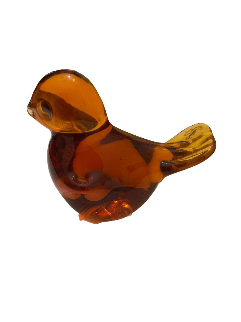 Vintage Amber Art Glass Bird Figurine Paperweight Honey Amber 4” x  3.25"