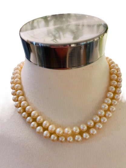 Double Strand Hand Knotted Vintage 7.7 mm Faux Pearl Dual Strand Necklace Daisy Clasp 16"