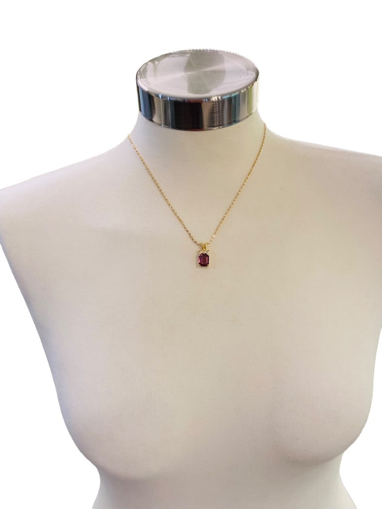 Goldtone Purple Glass Pendant 18" Necklace Clip Closure .75" Drop