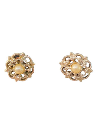 Vintage Silvertone Intricate Post Stud Earrings Faux Pearl Center Flower