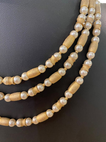 Triple Strand Hook Necklace Vintage 1950s  Goldtone Faux Pearl 18"