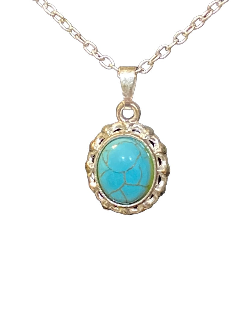 Silvertone Delicate 18" Chain Necklace with Faux Turquoise Pendant