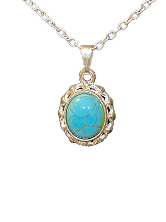 Silvertone Delicate 18" Chain Necklace with Faux Turquoise Pendant