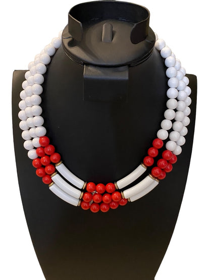 Red White Triple Strand Vintage 1960s Acrylic Beaded Statement Necklace 19"