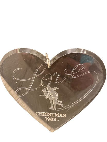 Clear Acrylic Christmas 1983 Ornament Love Ice Skaters Heart Shape 3 3/4"