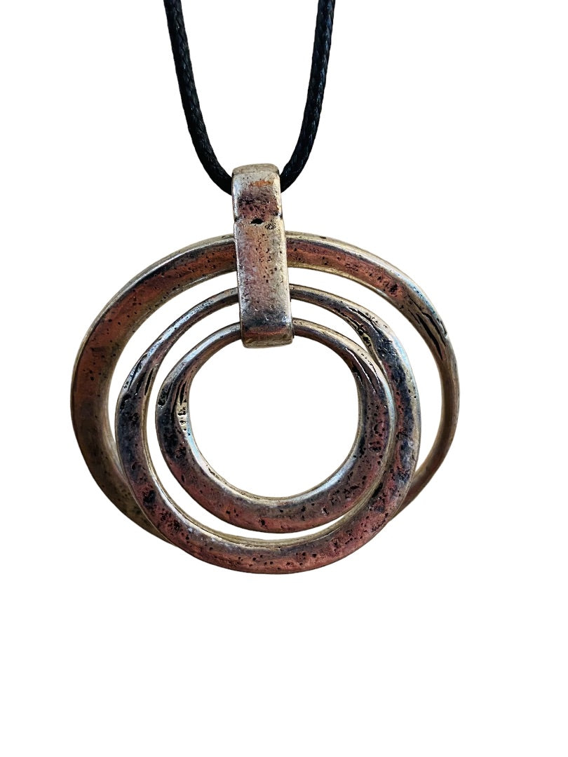 Overhead 41" Cord Necklace Distressed Silvertone Circle Pendant 2" Diameter