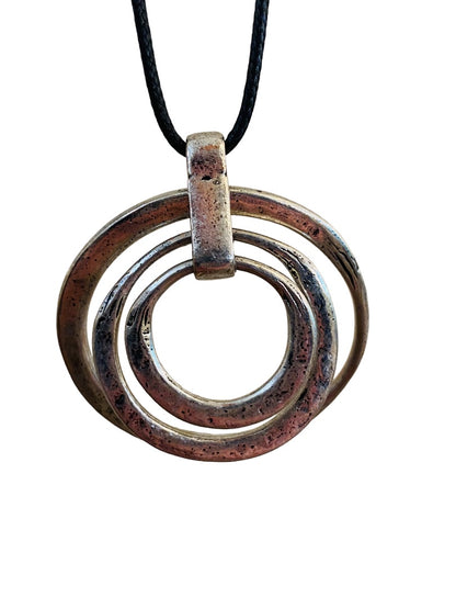 Overhead 41" Cord Necklace Distressed Silvertone Circle Pendant 2" Diameter